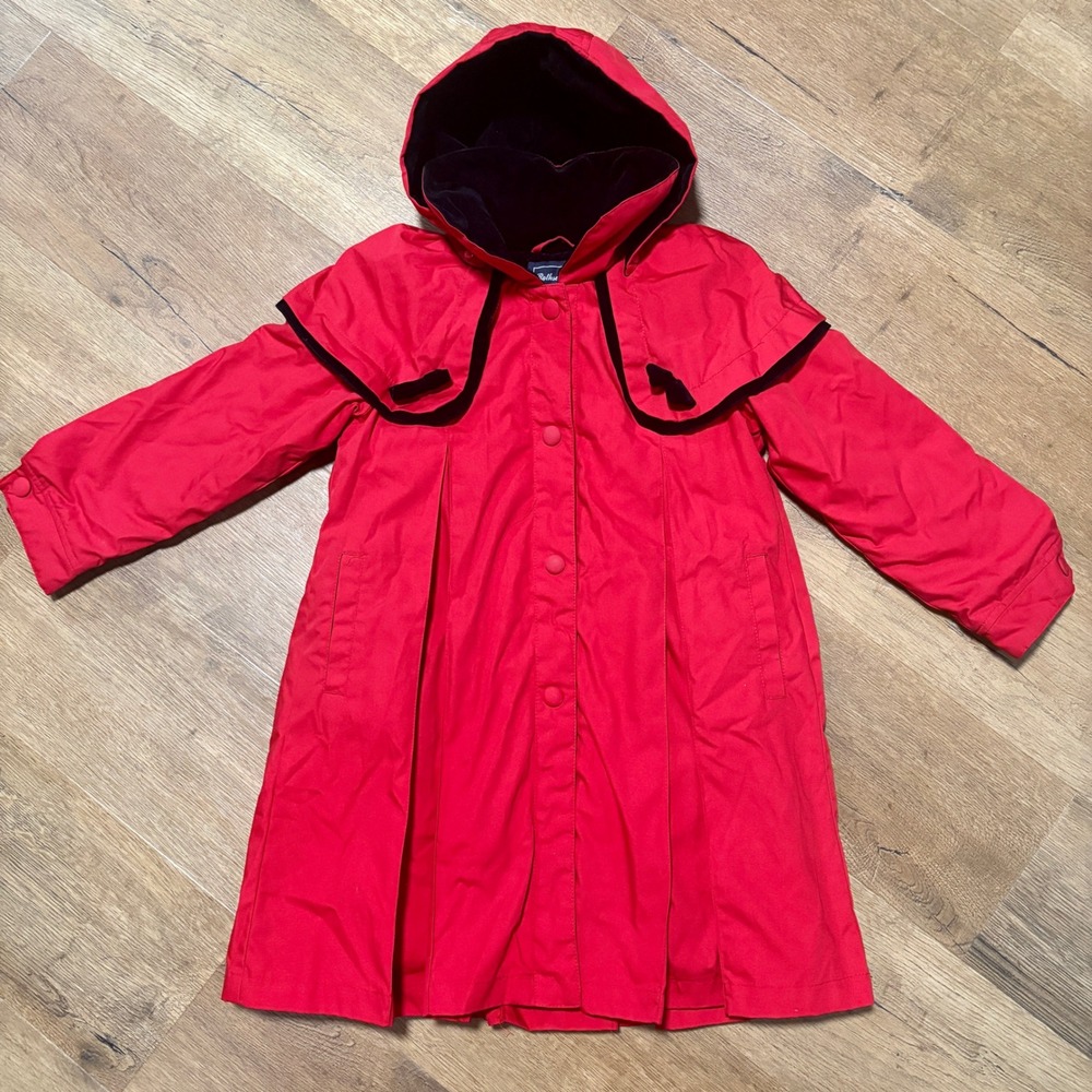 Vintage Rothschild Girls Button‎ Up Red Pea Coat Velvet Hood Bows Pleats Size 6